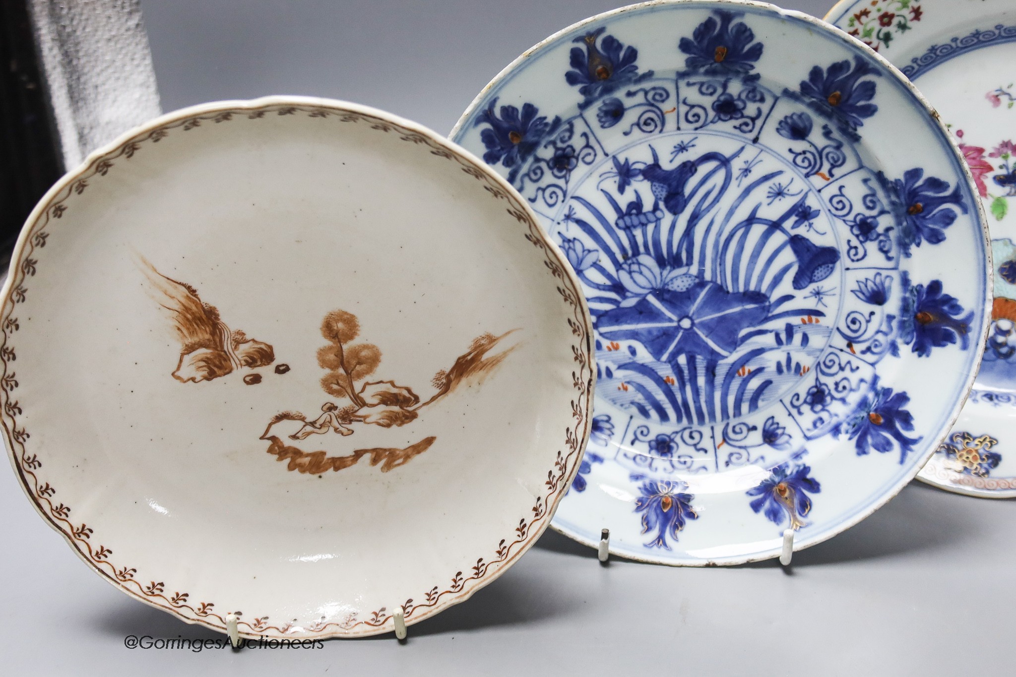 Three Chinese porcelain plates or dishes, largest diameter 23cm